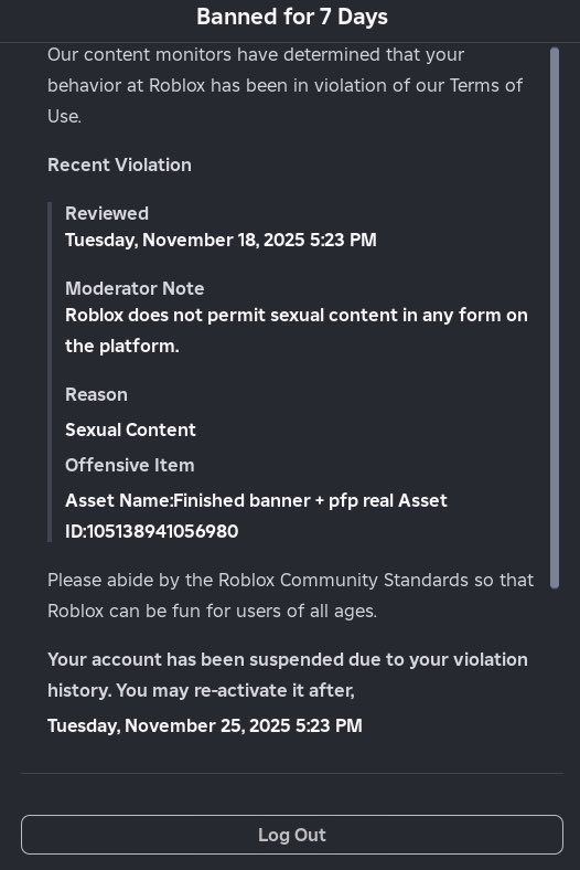 YepImBoxy's tweet image. Just got a 7 day ban on Roblox for “Sexual content”. This is the photo I uploaded 🙏 #roblox #robloxmoderation. This is the type of stuff Kreekcraft and stuff was talking about 😔