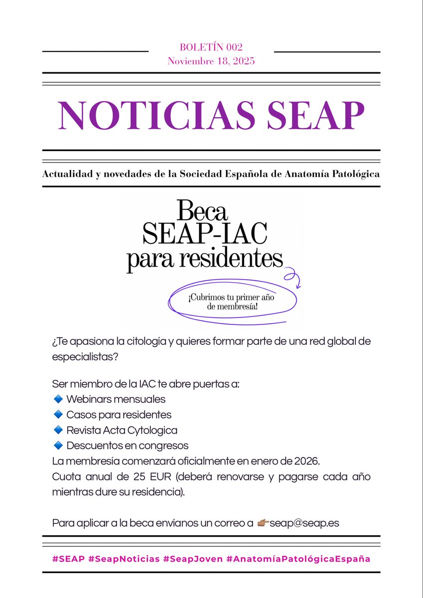 🗞 Segundo boletín de noticias #SEAPJoven
🍀 ¡¡75 becas de membresía de la <a href="/IACytology/">International Academy Cytology</a> para los primeros 75 residentes en solicitarlas!!
🚨 Pídela en seap@seap.es