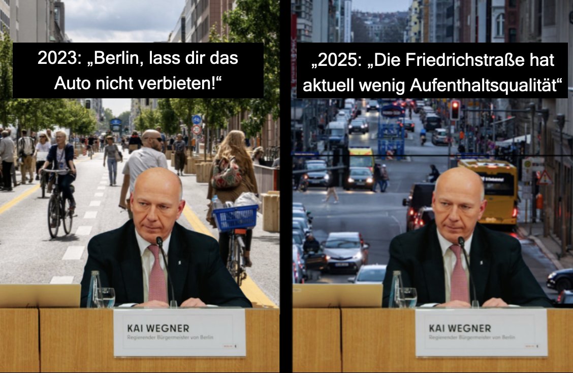 Perowinger94's tweet image. Neuigkeiten von der Berliner Friedrichstraße! Herrlich: Plötzlich beklagt die CDU die fehlende Aufenthaltsqualität, nachdem sie selbst die Straße 2023 wieder mit Autos flutete. Jetzt soll alles anders werden, natürlich ohne „ideologische Experimente“ Was ist geplant?

Wir…