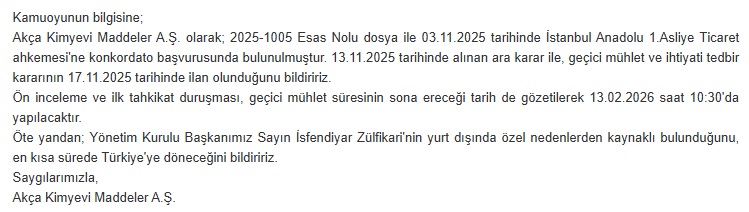 Zulfikarlar Holding'e bagli Akca Kimyevi, konkordato basvurusunda bulundu. Aciklamaya gore YKB İsfendiyar Zülfikari ''en kısa sürede Türkiye'ye dönecek.''