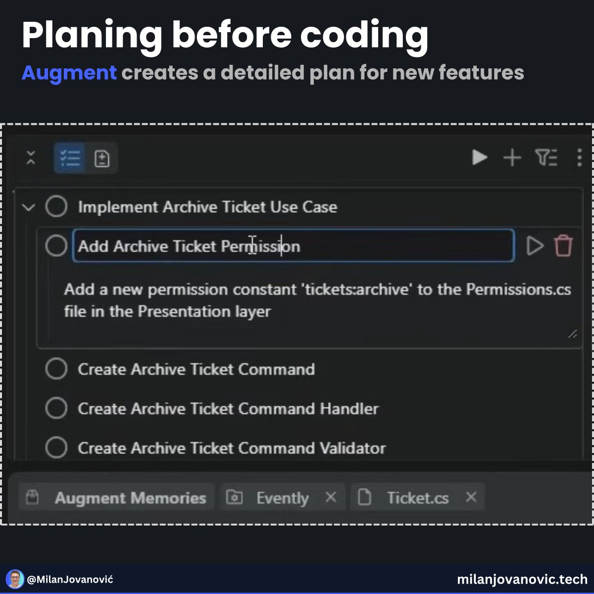 mjovanovictech's tweet image. Understanding a big modular monolith is hard work.

So I did what any lazy (smart?!) senior dev would do… I asked AI to walk me through my own .NET project.

I connected my Evently modular monolith to Augment Code and asked it to focus on the Ticketing module. From there it:

-…