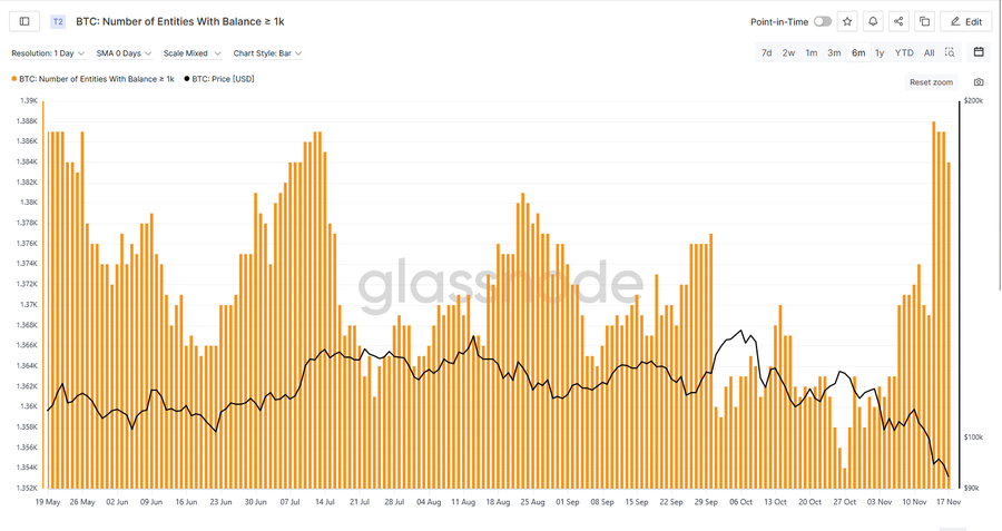 Bar chart titled BTC Exchange Balances displays orange bars representing balances from January to September 2024, with a black line overlay showing trends, y-axis in percentages from 0 to 10, x-axis monthly labels, and a peak in early 2024 followed by a decline.