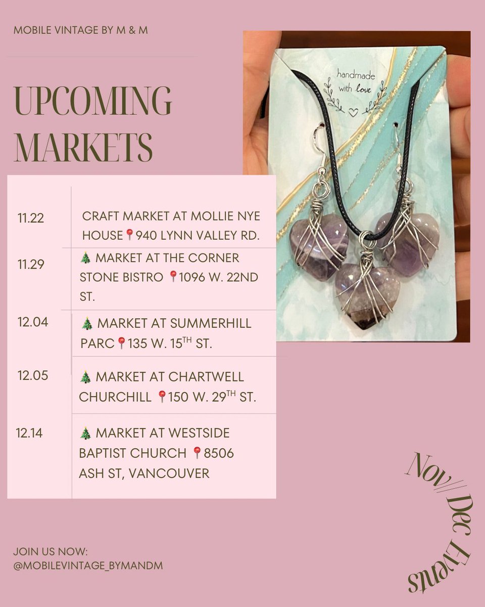 Upcoming Christmas 🎄 Markets for Nov &amp; Dec! All the markets are in #NorthVan except for Westside Baptist Church on Dec 14–it’s in Vancouver. Please #SupportLocal artisan vendors by purchasing their #HandmadeWithLove merch. They’re great #Christmasgifts