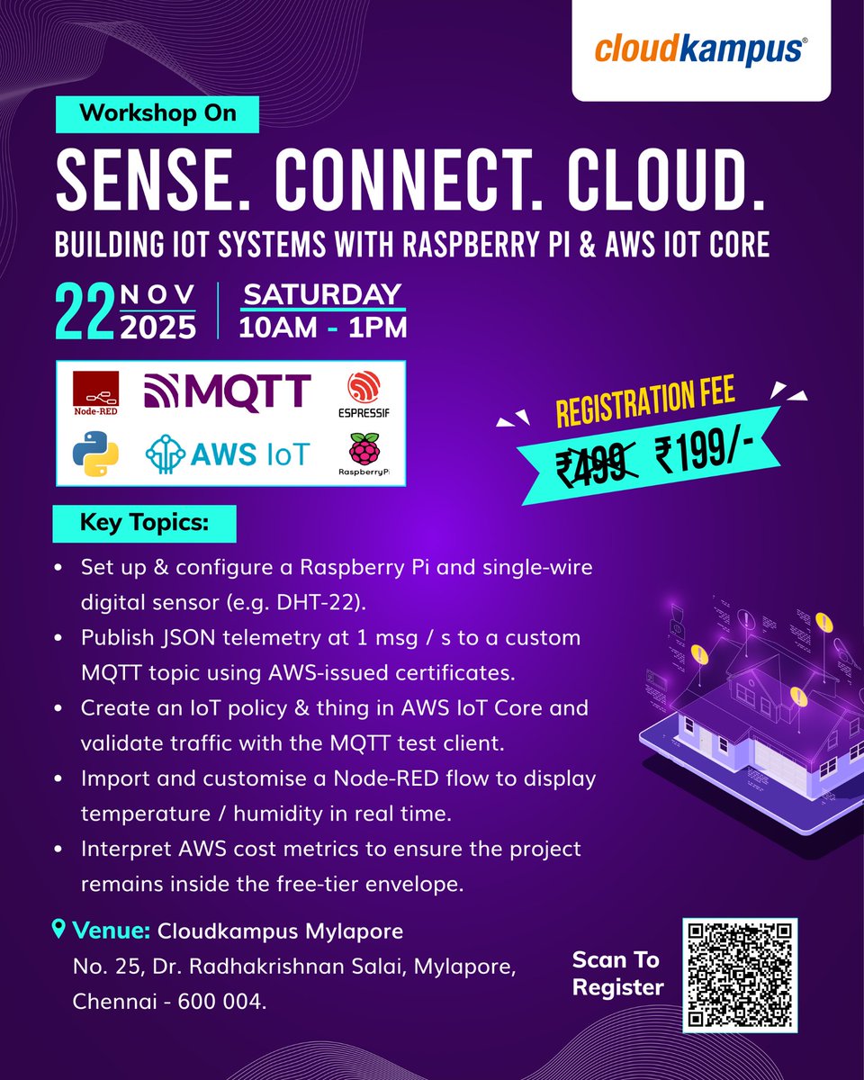 cloudkampus1's tweet image. Learn IoT the practical way.

Prasanna, Technical Lead – Embedded, will guide you through building a full sensor-to-cloud pipeline using ESP32/Raspberry Pi, AWS IoT Core, and MQTT.

Join the workshop and start building real IoT system.

#Cloudkampus #IoTWorkshop #EmbeddedSystems