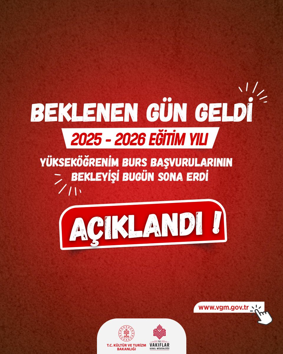 Heyecanlı bekleyiş sona erdi

2025–2026 eğitim yılı için 21-31 Ekim tarihleri arasında alınan yükseköğrenim burs başvurularının değerlendirme aşaması, Genel Müdürlüğümüzce tamamlanmış olup; sonuçlar vgm.gov.tr adresinde erişime açılmıştır.

Yabancı uyruklu
