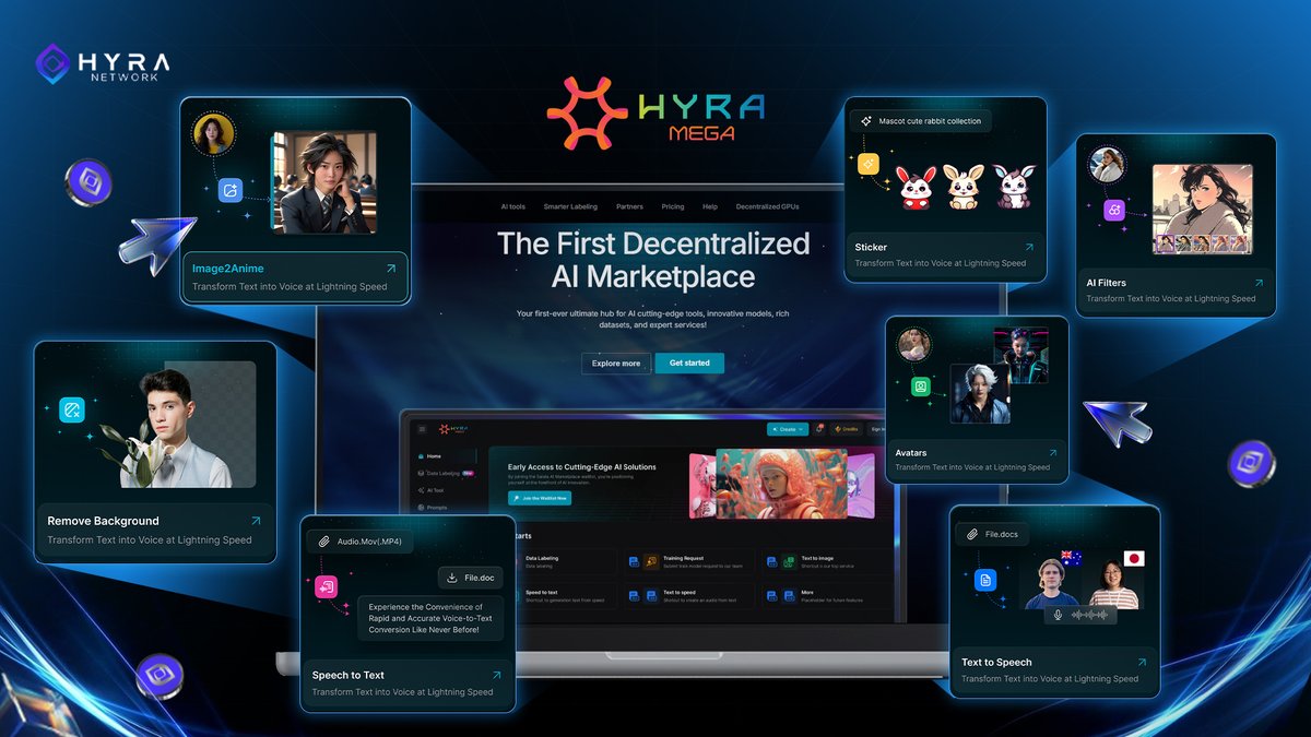 🔥 HYRA MEGA ~ The AI Marketplace Built for the New Era

Forget searching across dozens of tools.
All your AI services now live in one decentralized marketplace. 

On Hyra Mega, you can:
🧠 Generate images, videos, voices &amp; content
🤖 Run chat assistants &amp; custom AI agents
📈