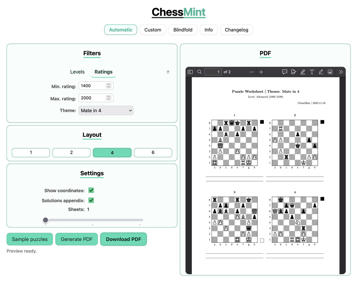 chess_mint's tweet image. 25-11-18 Changelog 🗒️

In auto mode:
- fixed theme selection when selecting difficulty by rating range
- layout improvements to the filters/layout/settings side