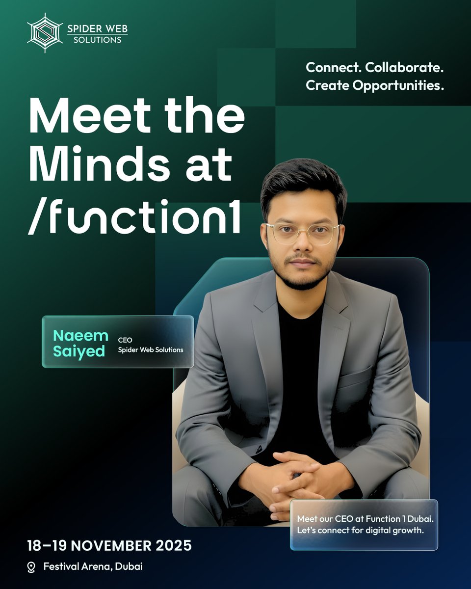 SpiderWebSolve's tweet photo. Our CEO, Mr. Naeem Saiyed, is heading to Function 1 Dubai, where innovators and AI leaders shape the future.
If you’ll be there, let’s connect and explore new possibilities together.
#Function1 #DubaiTech #InnovationLeaders #MeetOurCEO #spiderwebsolutions https://t.co/cfJzqYnIZd