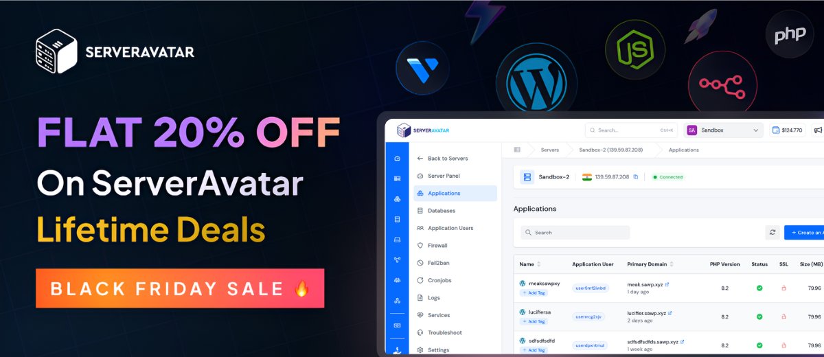 ServerAvatar's tweet image. 🚀 Black Friday Deals is LIVE at ServerAvatar!
🔥 ServerAvatar Lifetime Deal Plans – 20% OFF!
👉 Grab the deal before it’s gone! — serveravatar.com/lifetime-deal-2

#BlackFriday  #CyberMonday #WordPress #SaaS