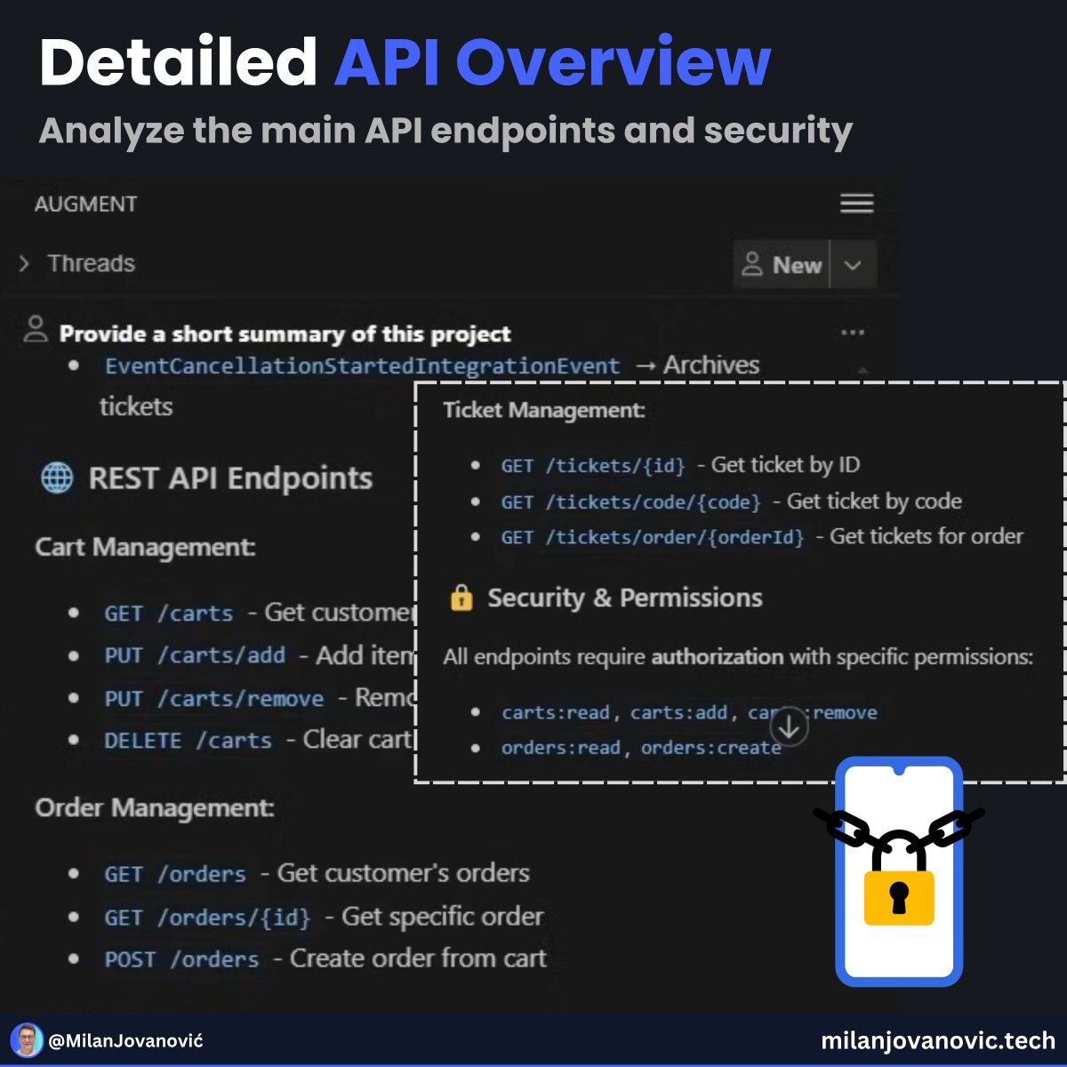 mjovanovictech's tweet image. Understanding a big modular monolith is hard work.

So I did what any lazy (smart?!) senior dev would do… I asked AI to walk me through my own .NET project.

I connected my Evently modular monolith to Augment Code and asked it to focus on the Ticketing module. From there it:

-…