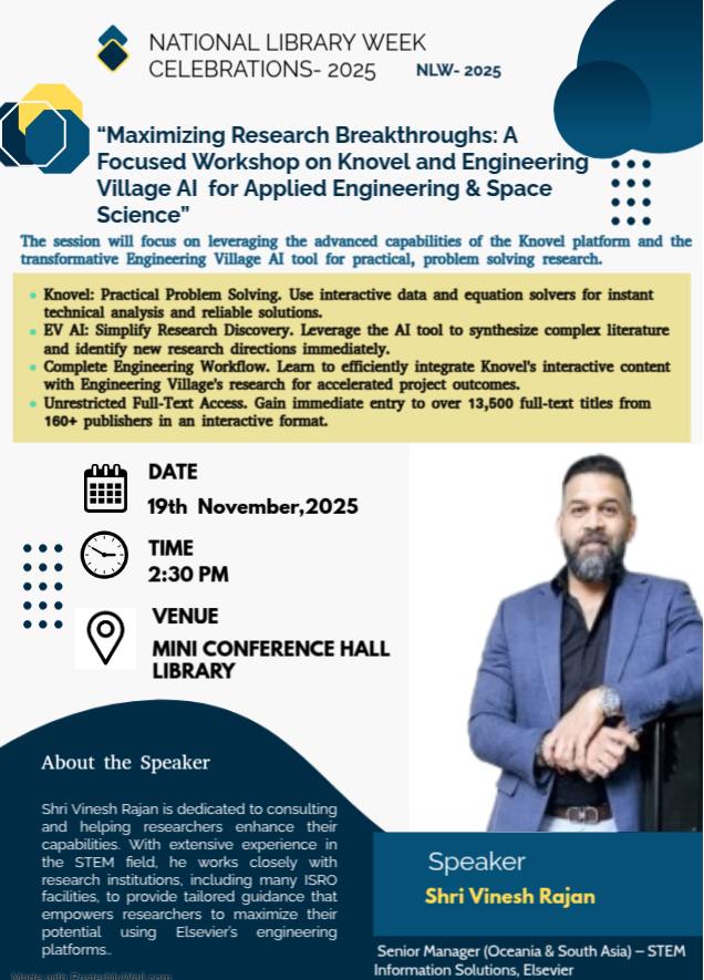 IIST_Trivandrum's tweet image. 𝐖𝐨𝐫𝐤𝐬𝐡𝐨𝐩 𝐨𝐧 𝐊𝐧𝐨𝐯𝐞𝐥 𝐚𝐧𝐝 𝐄𝐧𝐠𝐢𝐧𝐞𝐞𝐫𝐢𝐧𝐠 𝐕𝐢𝐥𝐥𝐚𝐠𝐞 𝐀𝐈
#NationalLibraryWeek #libraryweekcelebration #libraryweek2025 #knovel #EngineeringVillage