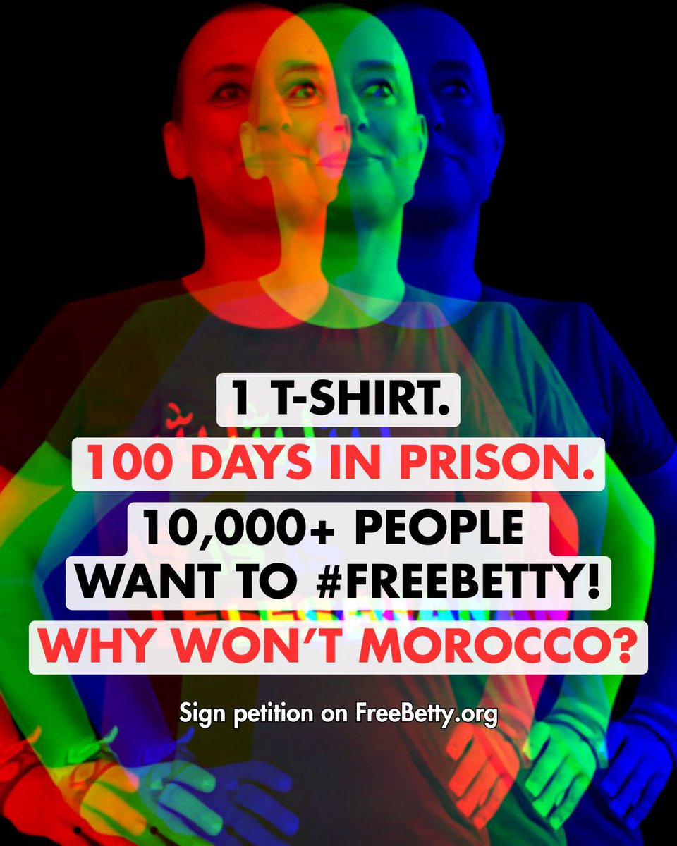 MaryamNamazie's tweet image. Today #100days since @IbtissameBetty imprisoned in #Morocco for post of “Allah is Lesbian” T-shirt taken in London. 100s of groups with hundreds of thousands of members joined Coalition to #FreeBetty. Join us. Sign petition.  freebetty.org @HaramDoodles @ShelleySegal