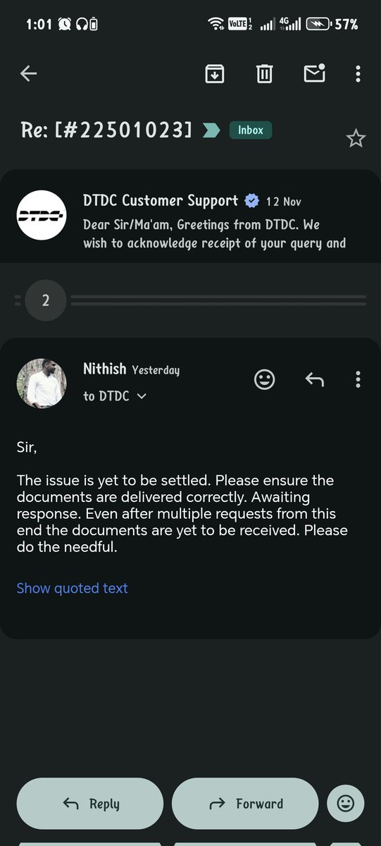nithishgb's tweet photo. @DTDCIndia I haven't received the parcel. But it has been updated through DTDC it is delivered. Complaint has been raised 2 TIMES. STILL NO RESPONSE @DTDCIndia. Doubting the credibility and transparency of dtdc courier services. https://t.co/PBYa9UBCyf