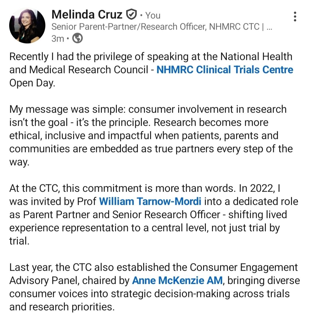 melinda_cruz's tweet image. Research is stronger when patients, parents &amp;amp; communities are true partners. Honoured to speak at the @TrialsCentre Open Day &amp;amp; share how lived experience is now central to trial design at the CTC #NHMRC #livedexperience #research