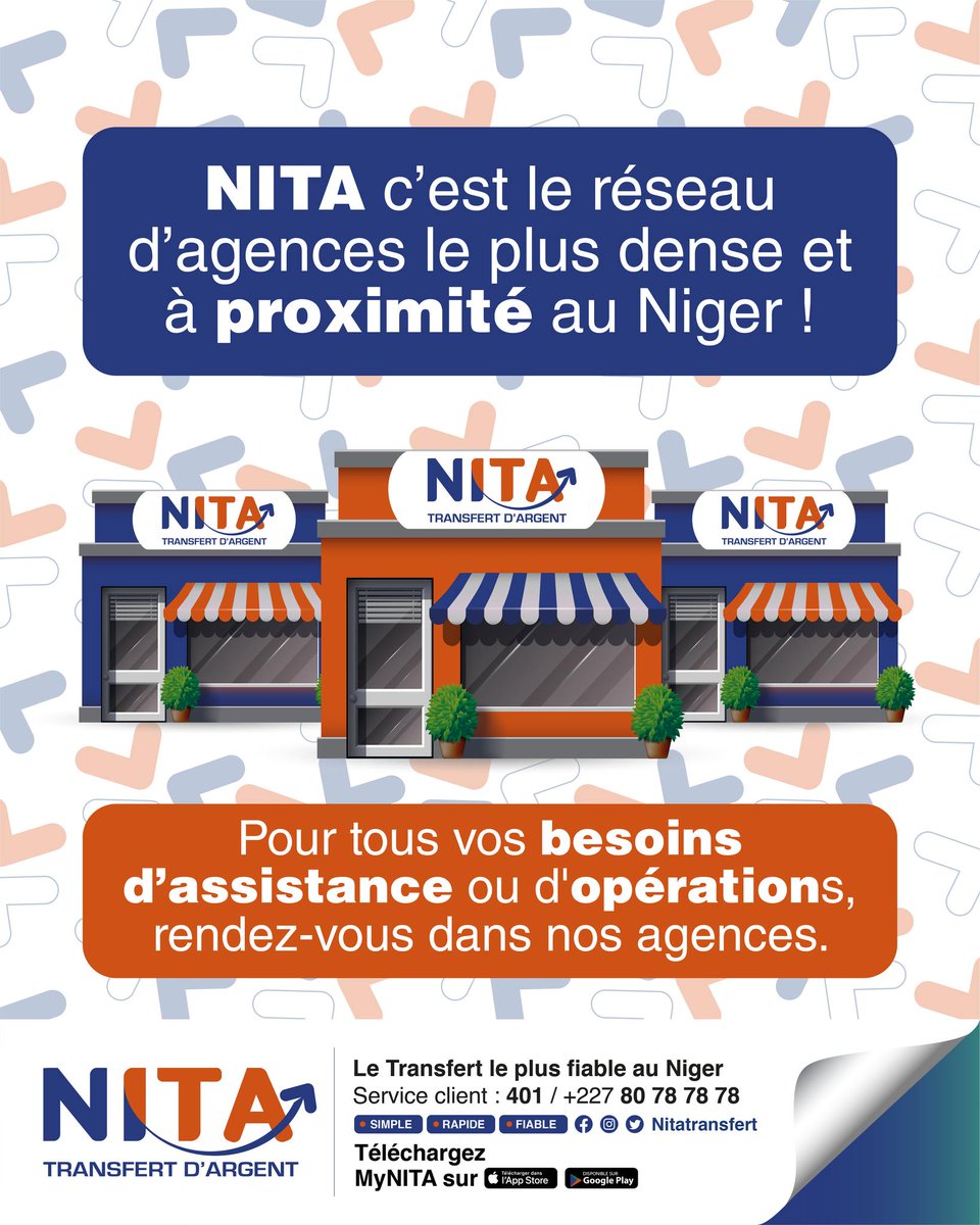 [ #NITATRANSFERT ] 🔵 🟠

Avec NITA, profitez du réseau d'agences le plus dense au Niger 🇳🇪 pour toutes vos opérations ainsi qu'une proximité sans limite.

Retrouvez les agences à proximité de vous sur l'application MyNITA.

#NITA, le Transfert le plus Fiable au Niger.