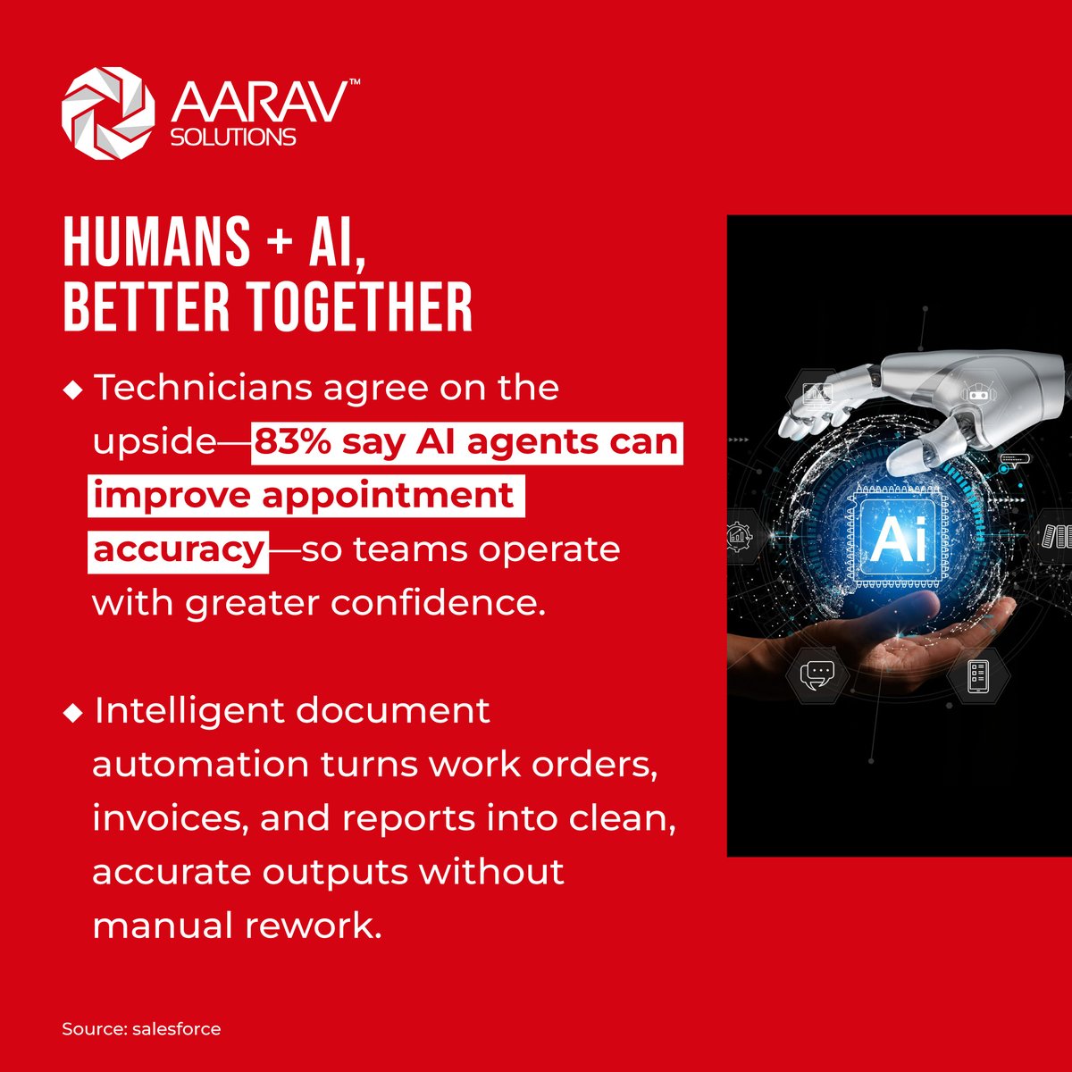 Aarav_Solutions's tweet image. Smarter routing, inventory, and insights = faster responses + better CX.

Scale your field ops with confidence.
Swipe to learn more &amp;gt;&amp;gt;&amp;gt;

#fieldservicemanagement #AIforbusiness #smartscheduling #predictivemaintenance #workforceoptimization #customerexperience