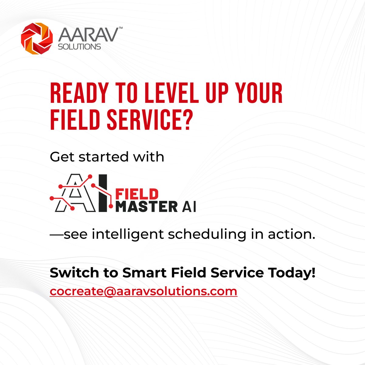 Aarav_Solutions's tweet image. Smarter routing, inventory, and insights = faster responses + better CX.

Scale your field ops with confidence.
Swipe to learn more &amp;gt;&amp;gt;&amp;gt;

#fieldservicemanagement #AIforbusiness #smartscheduling #predictivemaintenance #workforceoptimization #customerexperience