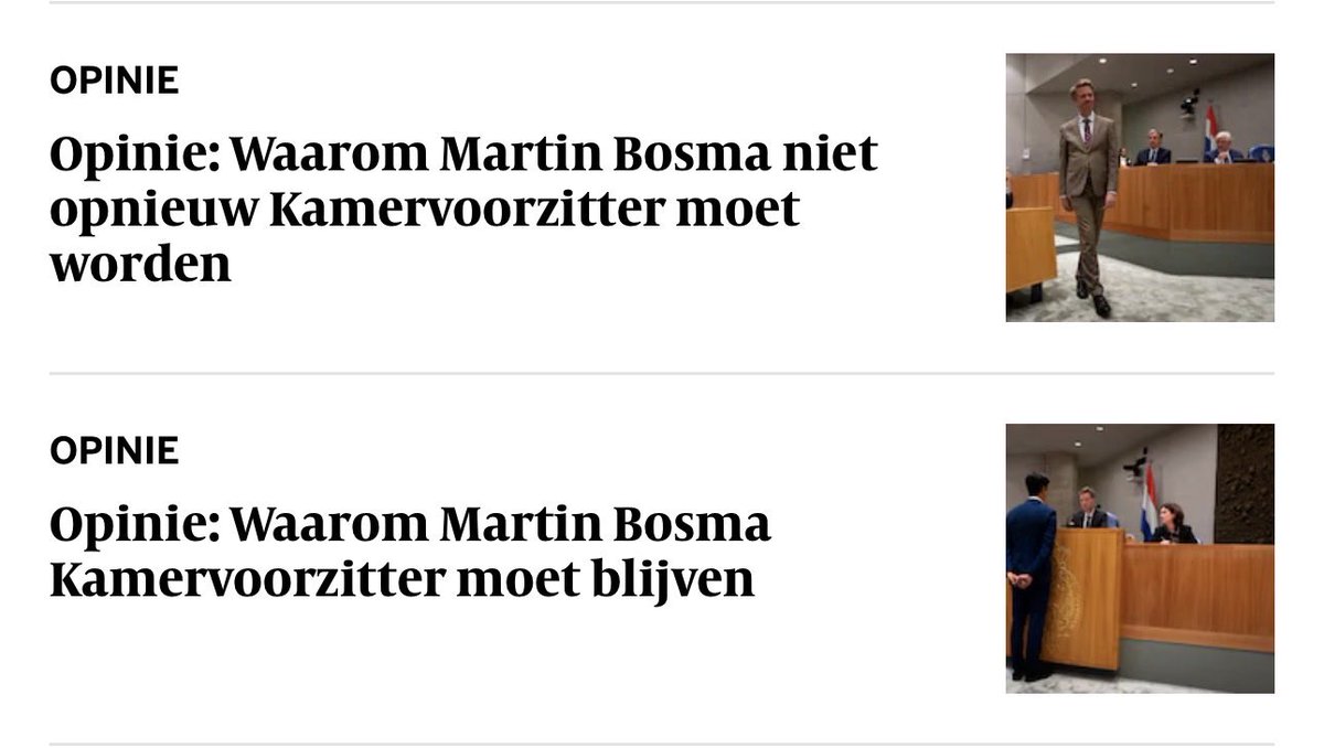 De Volkskrant zette twee opiniestukken naast elkaar over Bosma: één dat hem afwijst op principiële gronden, en één dat hem prijst om zijn functioneren. Wat opvalt, is niet de tegenstelling, maar het ontbreken van een gedeeld kader. De één redeneert vanuit de legitimiteit van de