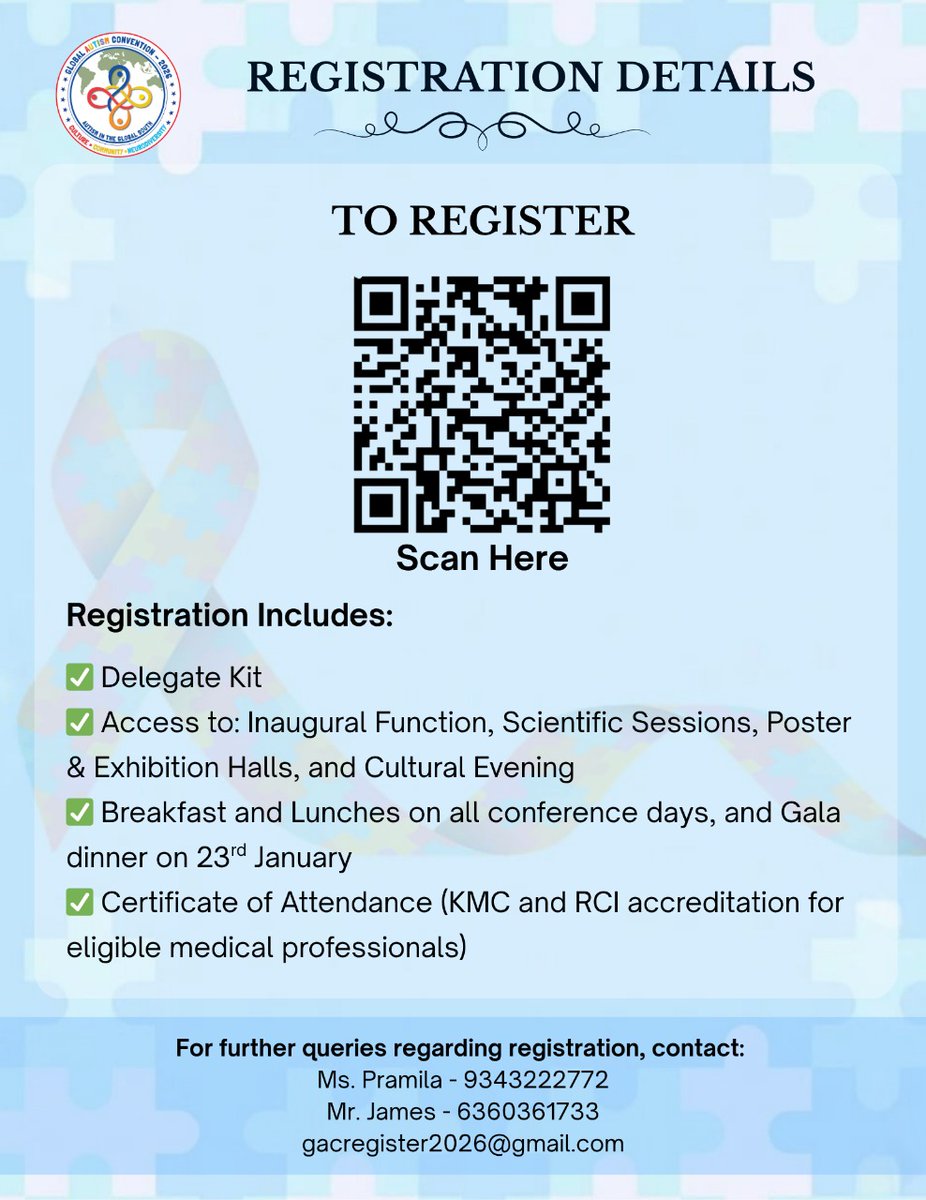 GACIndia2026's tweet photo. GAC 2026 registrations are open!

Be part of a landmark gathering on autism, culture, community, and neurodiversity in the Global South.

Early bird registrations open till December 1st, 2025!

Join us this January for a truly global learning experience! https://t.co/toCzqGqsZt