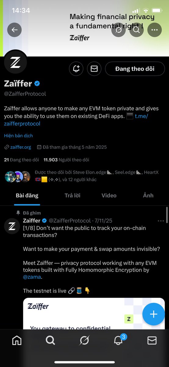 ChanhCT3979's tweet photo. ✨Giới thiệu dự án @ZaifferProtocol – Công cụ giúp mọi giao dịch trở nên riêng tư

✅Zaiffer là một giao thức giúp bạn biến bất kỳ token EVM nào thành phiên bản riêng tư. Điều đặc biệt là bạn không cần đổi ví, không cần dùng Layer 2 mới, cũng không phải học thêm thao tác phức tạp. Mọi thứ đều giữ nguyên như bạn đang dùng hằng ngày.

👍Điểm khác biệt lớn nhất của Zaiffer so với các công cụ privacy khác là họ không dùng ZK proofs, mà sử dụng Fully Homomorphic Encryption (FHE) – công nghệ mã hoá cao cấp của đội ngũ @zama . Công nghệ này giúp bạn giao dịch, chuyển tiền, swap… một cách ẩn danh, nhưng vẫn tuân thủ quy định và không làm giảm trải nghiệm người dùng.

Zaiffer giúp bạn làm gì?
👉Che giấu số tiền và lịch sử giao dịch.
👉Bảo vệ tài sản và hoạt động tài chính cá nhân.
👉Giao dịch riêng tư nhưng vẫn mượt mà, dễ dùng.
👉Biến token bạn đang có thành cToken – phiên bản bí mật của token.
👉Khi cần, bạn có thể unwrap để trở lại token gốc.

👍Nói đơn giản: Zaiffer = sự riêng tư + dễ dùng + không thay đổi thói quen của bạn.

⚡️Hiện tại, testnet đã mở, ai cũng có thể tham gia thử và làm nhiệm vụ.

Hướng dẫn tham gia testnet và làm nhiệm vụ của Zaiffer

1️⃣Đăng ký whitelist
Bạn vào link:
👉 https://t.co/IYh7LeHeTK…
Điền các thông tin cần thiết để được duyệt vào testnet.

2️⃣Truy cập testnet
Sau khi được duyệt, truy cập:
👉 https://t.co/4ludYPKwVn
Kết nối ví của bạn (MetaMask hoặc ví EVM khác đều được).

3️⃣Làm các nhiệm vụ cơ bản
Dự án thường có vài nhiệm vụ đơn giản để người dùng trải nghiệm:

Nhiệm vụ 1: Wrap token thành cToken
👉Chọn loại token bạn muốn dùng (ví dụ: USDT, ETH… tùy testnet hỗ trợ).
👉Bấm Wrap, hệ thống sẽ tạo ra cToken – phiên bản bí mật của token đó.

Nhiệm vụ 2: Thực hiện giao dịch riêng tư
👉Dùng cToken để thanh toán, chuyển tiền hoặc swap.
👉Tất cả các hành động này đều được ẩn danh trên chain.

Nhiệm vụ 3: Unwrap
👉Khi làm xong, bạn có thể Unwrap để đổi cToken về token ban đầu.

Nhiệm vụ 4: Làm Social Tasks (nếu có)
Một số dự án sẽ yêu cầu:
👉Theo dõi tài khoản Twitter của họ
👉Tham gia Telegram/Discord
👉Like + retweet bài ghim
👉Điền form hoàn thành nhiệm vụ

✨Tóm lại
Zaiffer là dự án muốn biến sự riêng tư trở thành quyền cơ bản của người dùng blockchain. Nhờ FHE, họ giúp bạn giao dịch an toàn nhưng vẫn thân thiện và dễ dùng như bình thường. Testnet đang mở, bạn có thể tham gia trải nghiệm, làm nhiệm vụ để có cơ hội nhận thưởng khi dự án ra mắt chính thức.