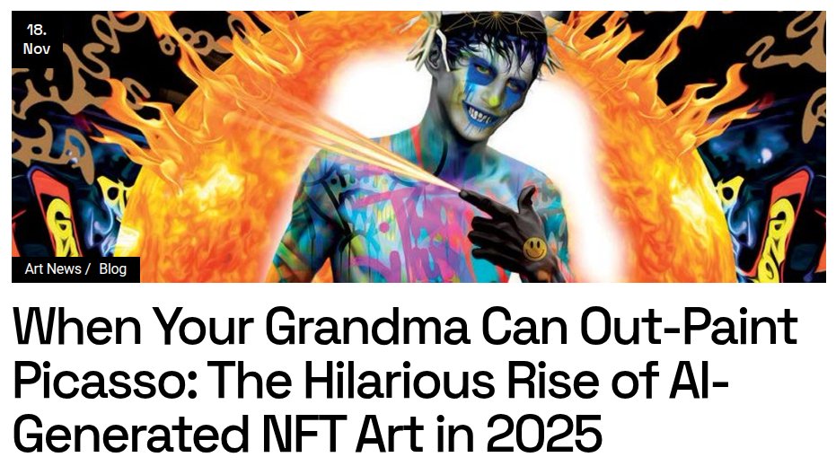 PedroJose_Art's tweet image. 🧵Your grandma just out-painted Picasso with 3 words and a button 🤖🎨 In 2025, AI is dropping 30% of ALL new NFTs and the art world is having a full meltdown.  I wrote the dumbest (and most educational) thread about it you’ll read today:
pjpart.com/when-your-gran…  Prompt engineers…