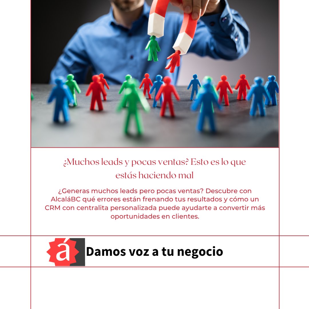 Muchos leads, pocas ventas. Descubre cómo un CRM con centralita de AlcaláBC puede cambiar eso.

alcalabc.com/mt
info@alcalabc.com
911 77 32 40

#Alcalabc
#PodemosAyudarte
#DamosVozATuNegocio
#ContactCenter
#CallCenter
#CallCenterMadrid
#Madrid
#CRM
#Centralita