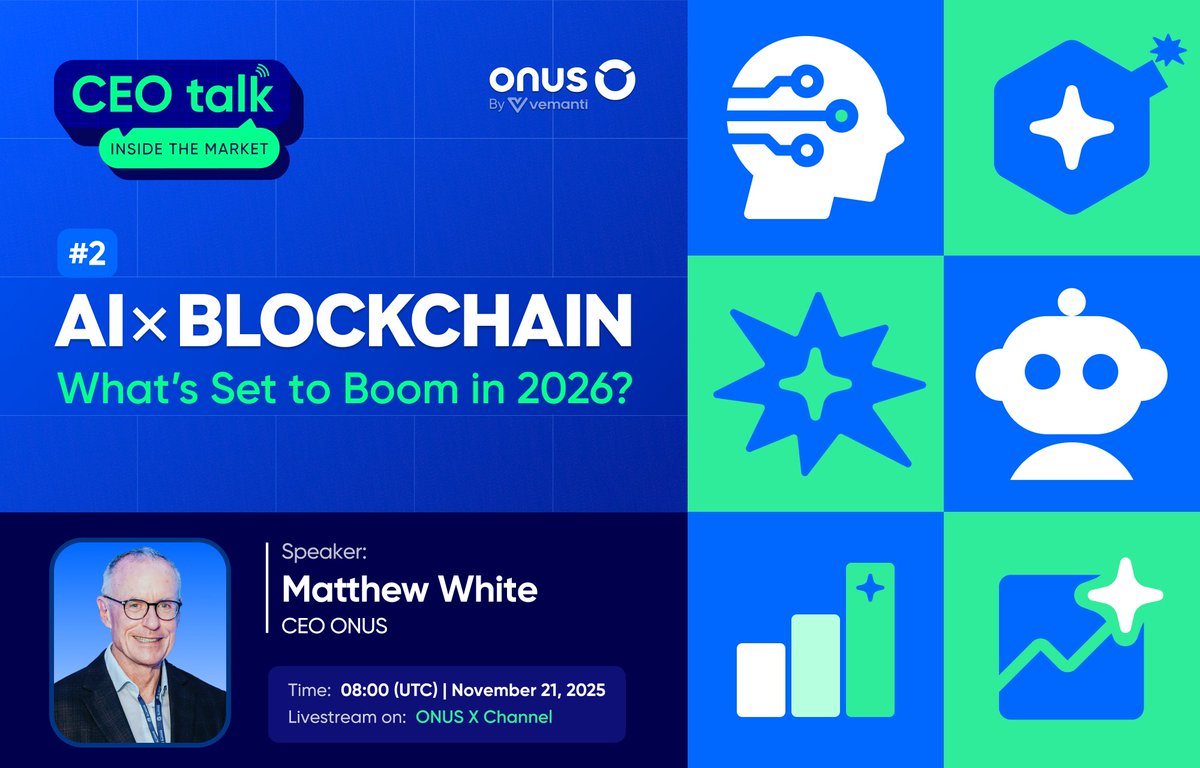 ONUSFinance's tweet photo. 🎙 CEO Talk | Inside the Market #2
AI × Blockchain: What’s Set to Boom in 2026?

As artificial intelligence accelerates innovation across industries, its convergence with blockchain is shaping a new frontier for digital finance. From smarter trading to seamless user experiences, this powerful duo is redefining how we invest, transact, and secure data.

💡Join CEO Matthew White in this special AMA as he breaks down:

- How AI is transforming investment personalization and real-time risk management.
- The next generation of blockchain scalability and on-chain automation.
- Why AI-driven innovation could spark the next major wave in crypto adoption by 2026.

📍 Time: 08:00 (UTC) | November 21, 2025
📍 Livestream on: ONUS X Channel – @ONUSFinance

💬 Submit your insights: https://t.co/bdPov0NOFv

🎁 5 QR vouchers worth 25 USDT will be given to 5 lucky viewers during the livestream