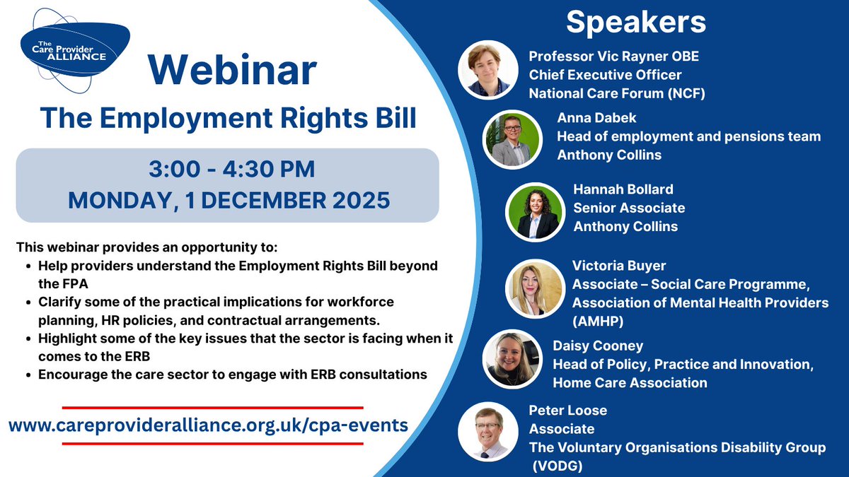 CPA_SocialCare's tweet image. Want to know more about the Employment Rights Bill?
Join our webinar 3:00 - 4:30 pm on Monday, 1 December
careprovideralliance.org.uk/cpa-events/the…
#socialcare #EmploymentRightsBill #Webinar #CareManagers