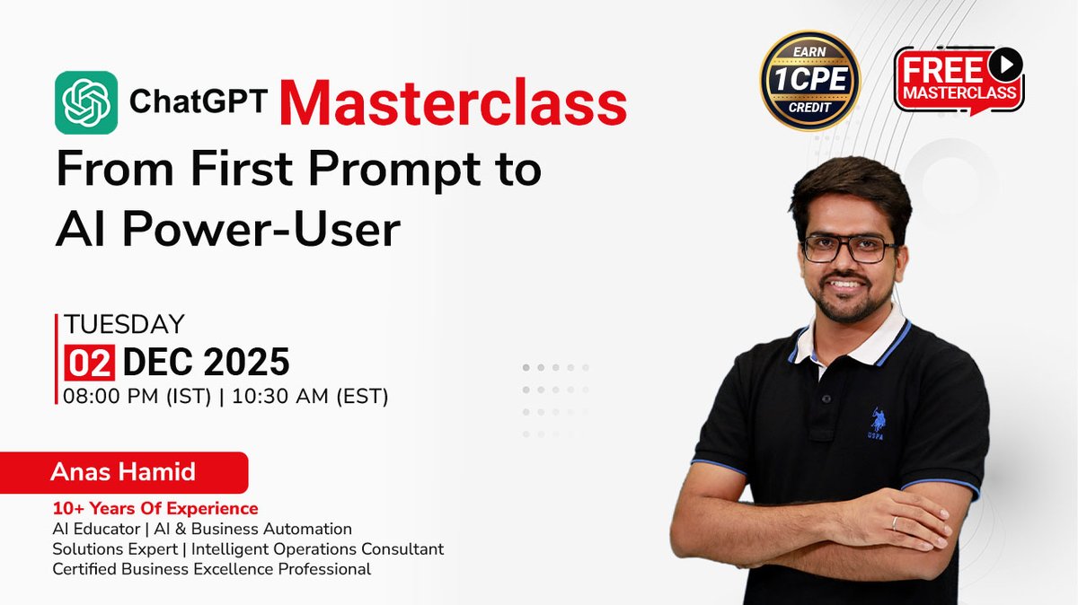 MKandari20235's tweet image. Free ChatGPT Masterclass: From First Prompt to AI Power-User

📅Date: 2 Dec 2025 (Tue)
⌚️Time: 08:00 – 09:00 PM (IST)
Speaker: Anas Hamid

Free Register Now: infosectrain.com/events/chatgpt…

#ChatGPTmasterclass #InfosecTrain #Learntorise #AI