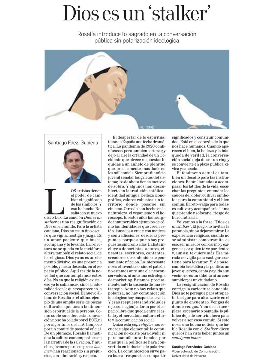 ¿Puede ser Dios un stalker? Mi artículo de hoy sobre Rosalía, lo sagrado y ese tenue espacio social que queda entre el estado y el mercado. Gracias <a href="/DiariodeNavarra/">Diario de Navarra</a> por publicarlo.