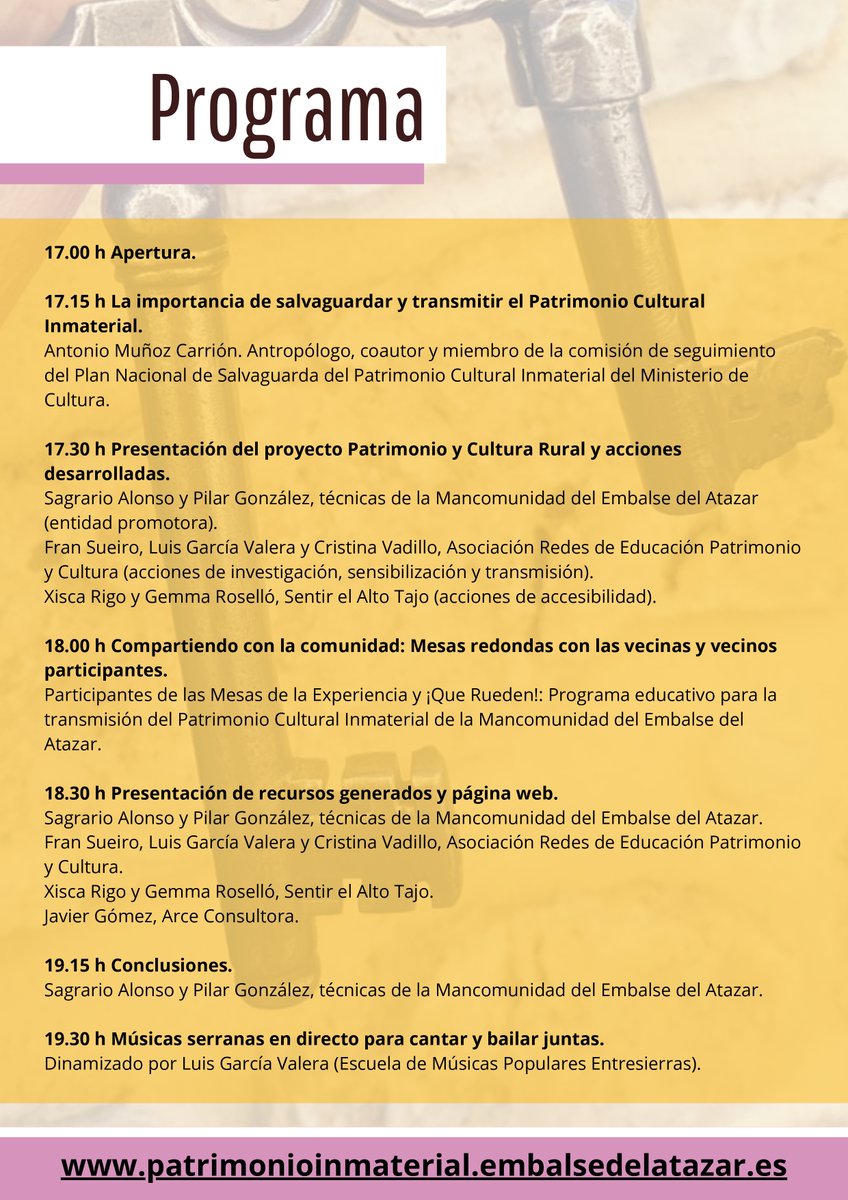 📌Presentación del Proyecto
Patrimonio y Cultura Rural de la Mancomunidad del Embalse del Atazar
Investigación participativa y transmisión del conocimiento en torno al extraordinario #patrimonioinmaterial de nuestros pueblos
¡Jornada accesible!
#MancomunidadEmbalsedelAtazar