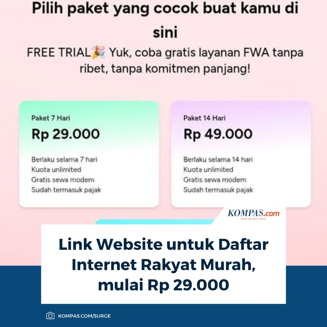 KompasTekno's tweet image. Kabar gembira bagi masyarakat! Mulai hari ini, akses internet murah meriah hanya Rp 29.000 per minggu resmi dibuka. Segera cek dan daftar melalui tautan resmi ini untuk menikmati layanan 'Internet Rakyat'.  

Baca di sini: tekno.kompas.com/read/2025/11/1… 

~TR #InternetRakyat #Surge