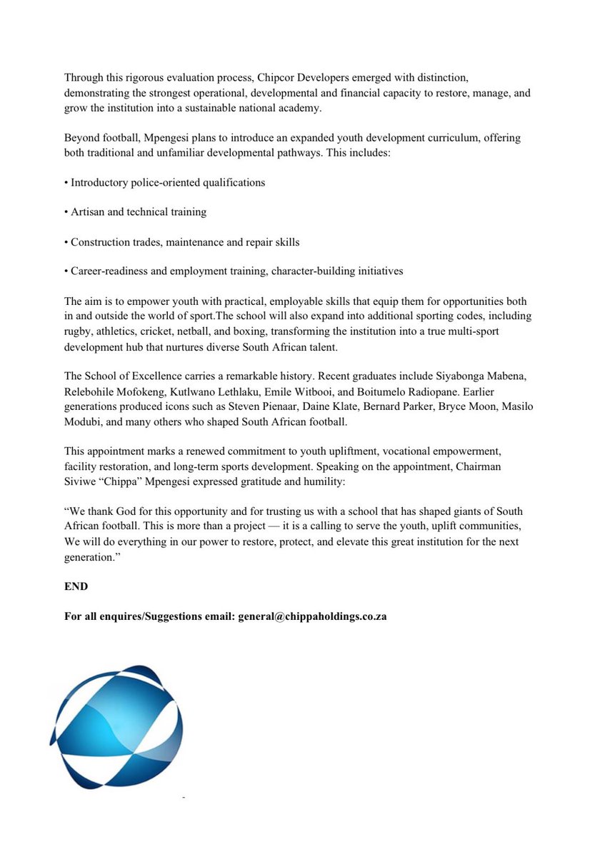 Football__Stage's tweet image. Chipcor Developers under the leadership of Siviwe ‘Chippa’ Mpengesi has taken over the SAFA-Transnet School of Excellence.