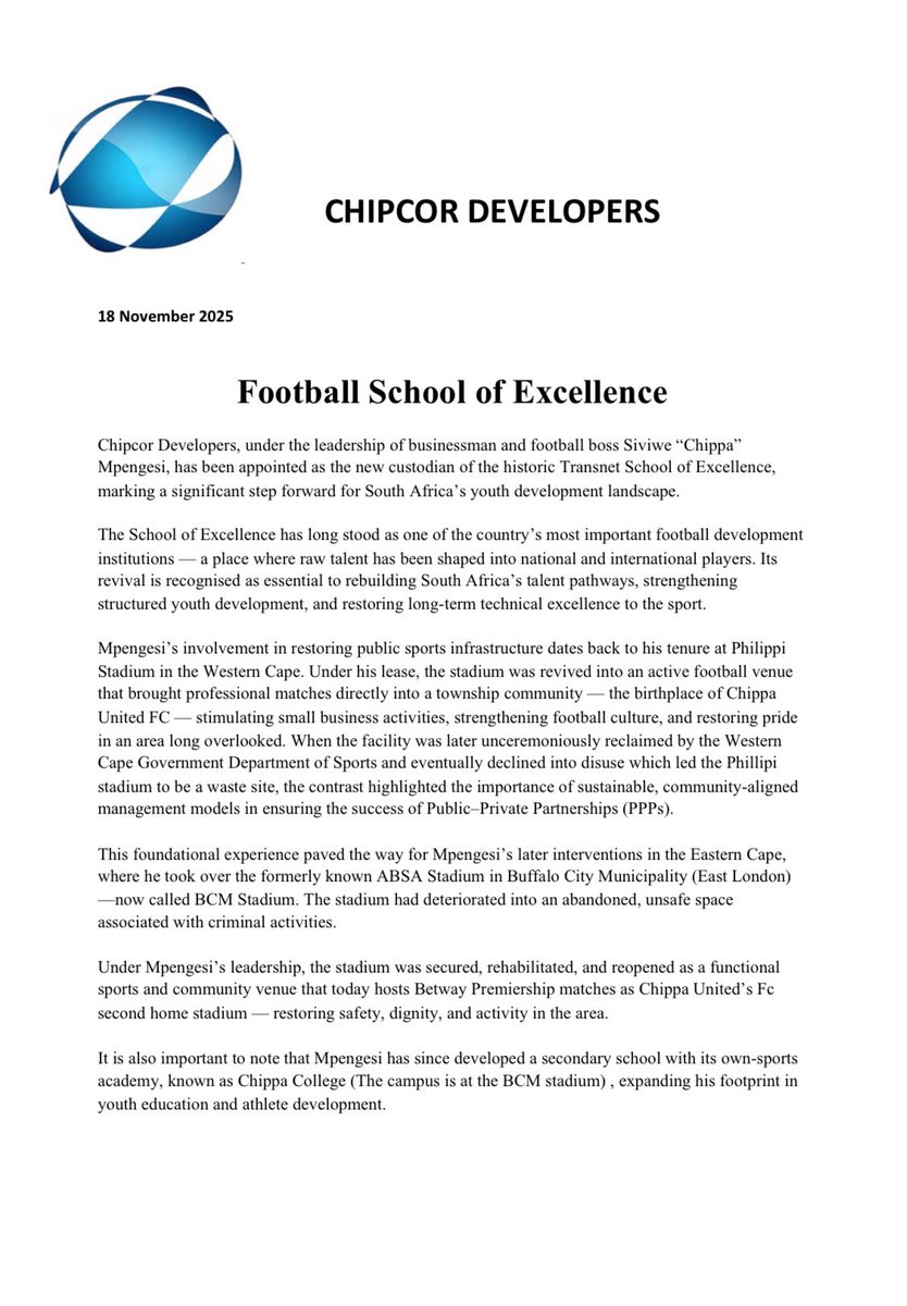 Football__Stage's tweet image. Chipcor Developers under the leadership of Siviwe ‘Chippa’ Mpengesi has taken over the SAFA-Transnet School of Excellence.