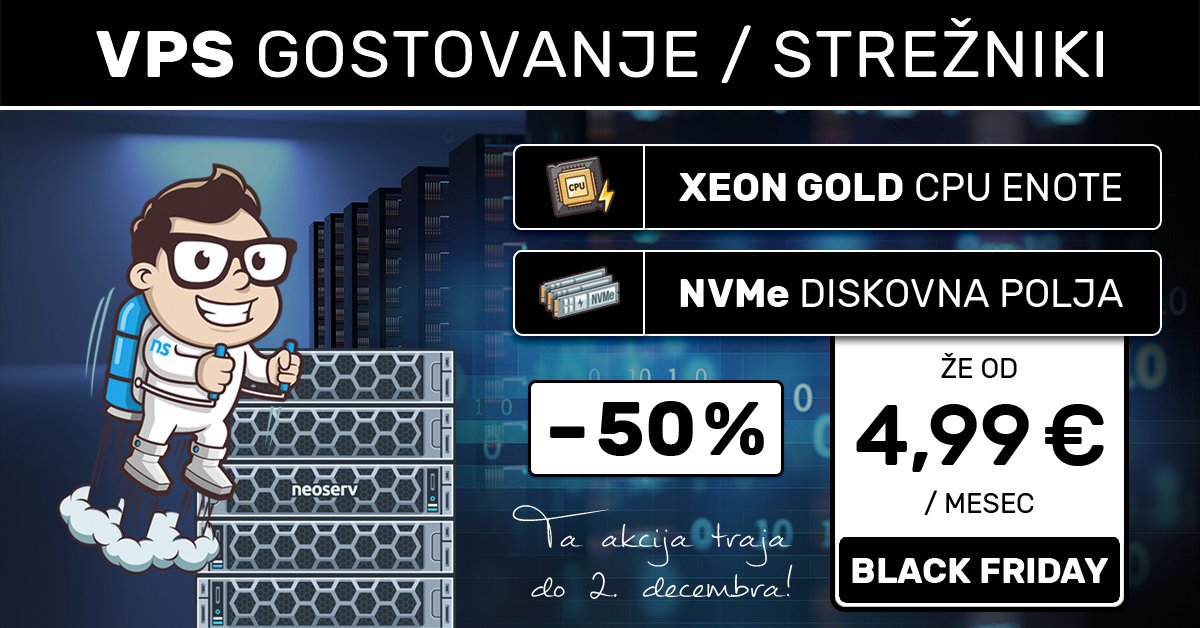 neoserv's tweet image. 🖤 Black Friday: VPS gostovanje kar -50%

Visoko zmogljivi VPS strežniki zdaj po akcijskih cenah – že od 4,99 €/mesec! 🔥

♦️ Vrhunska strojna oprema Dell
♦️ Hitra vzpostavitev strežnika
♦️ 100-odstotna prilagodljivost
♦️ 24/7 tehnična podpora

🖤 neoserv.si/vps-gostovanje