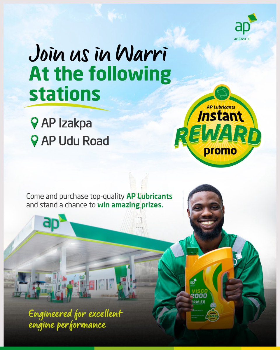 ardovaplc's tweet image. Warri, join us for Day 2 of the Visco 2000 activation at the following stations today:

AP Izakpa
AP Udu Road

Don’t miss the opportunity to win amazing gift items!

#APLubricantScratchAndWinPromo
#Visco2000
#APLubricants
#Warri 
#EngineeredForExcellentEnginePerformance