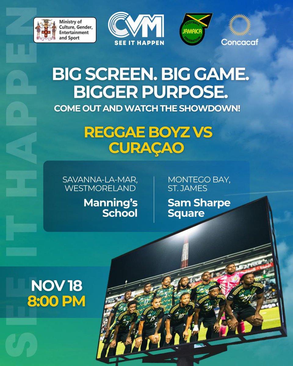 Babsy_grange's tweet image. BIG SCREEN. BIG GAME. BIGGER PURPOSE.

COME OUT AND WATCH THE SHOWDOWN!

REGGAE BOYZ VS CURAÇAO

Join us at:
📍 Manning’s School, Savanna-la-Mar, Westmoreland
📍 Sam Sharpe Square, Montego Bay, St. James

📅 November 18
🕗 8:00 PM

(1/2)