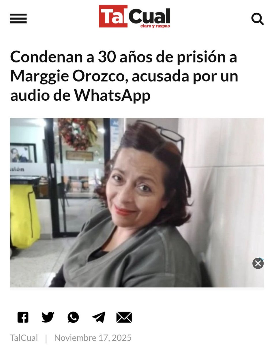 RoderickNavarro's tweet image. 🔴 🇻🇪 Avó de 65 anos condenada a 30 ANOS DE PRISÃO por áudio no WhatsApp.

A Dona Marggie enviou mensagem criticando a crise e chamando para votar contra Maduro. Denunciada por chavistas, foi presa e sentenciada por &quot;traición à pátria&quot;.

Isso é uma condena de morte.

Lembra…