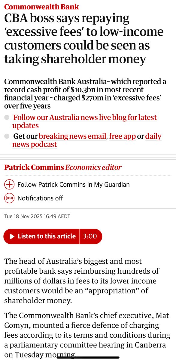 DougCameron51's tweet image. CBA boss Mat Comyn exposes the mindset of too many Australian business “leaders”. That is, shareholders profits come before fairness, decency and morality. Battlers treated with disdain and sacrificed on the altar of profit before people. A disgusting and arrogant performance!