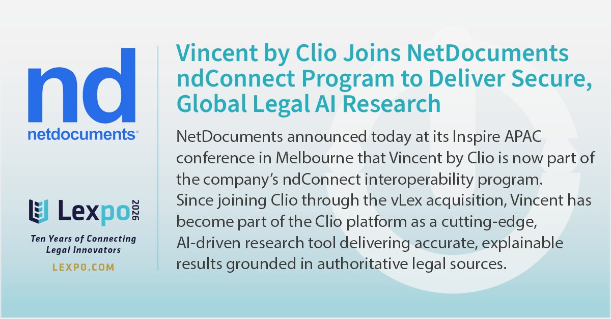 LegalIT's tweet image. Vincent by Clio Joins NetDocuments ndConnect Program to Deliver Secure, Global Legal AI Research: 

bit.ly/49pqeqb

#Legaltech #LegalAI @netdocuments @goclio