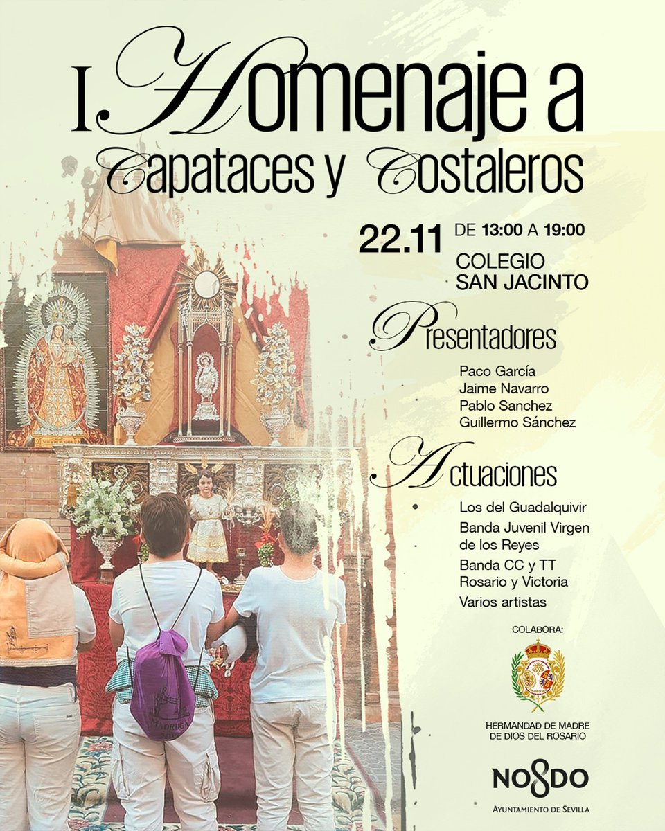 El próximo sábado 22 de noviembre celebraremos el primer Homenaje a Capataces y Costaleros, organizado por el <a href="/Ayto_Sevilla/">Ayuntamiento de Sevilla</a> con la colaboración de la <a href="/MdDiosRosario/">Madre de Dios del Rosario</a> donde disfrutaremos de actuaciones musicales en un ambiente cofrade. A las 13:00h en el📍 Colegio  San Jacinto 👌🏻