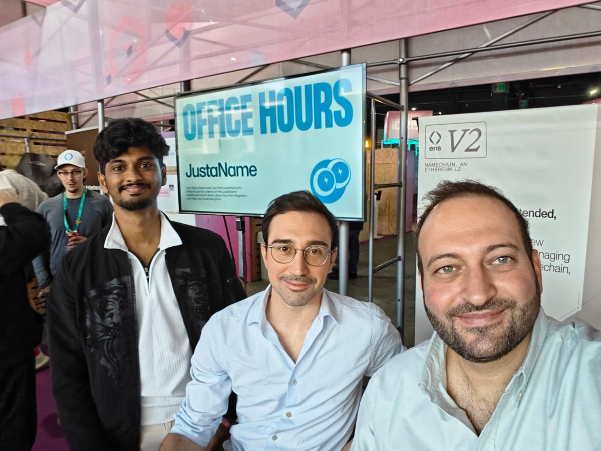 Had a good time talking about <a href="/ensdomains/">ens.eth</a> and <a href="/justaname_id/">JustaName.eth</a> at the booth. If you're looking for an identity solution, let’s connect.

<a href="/rnaayem/">Ryan Naayem</a> <a href="/edwinhage/">Edwin Hage</a>