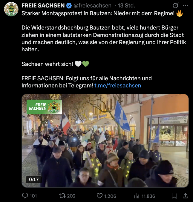 kapfelchen's tweet image. &quot;Nieder mit dem Regime&quot;

&quot;Die Widerstandshochburg&quot;

Ist Euch eigentlich klar, was für ein &quot;Aktions-&quot;bereiter Kern an &quot;Patrioten&quot; da gezüchtet wird, wieviele Waffen da in Kellern liegen, wie tief diese Strukturen gehen? Schauderhaft.
#Inlandsterrorismus