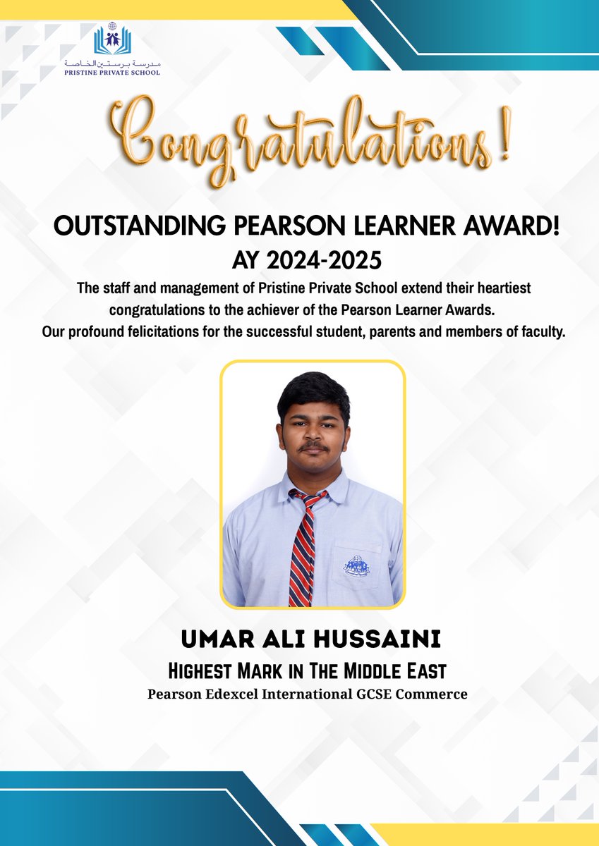 Celebrating excellence at #PristineSecondary! Our student earned an Outstanding <a href="/PearsonEdexcel/">Pearson Edexcel</a> Learner Award in Commerce for Highest Mark in the Middle East, showcasing the strength of our well-rounded academic pathways &amp; commitment to high achievement!