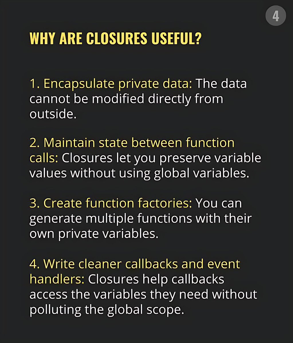 11xcoder's tweet image. Master the most fundamental JavaScript concept: 

 #JavaScript #Closures #CodingTips #AdvancedJS #WebDevelopment