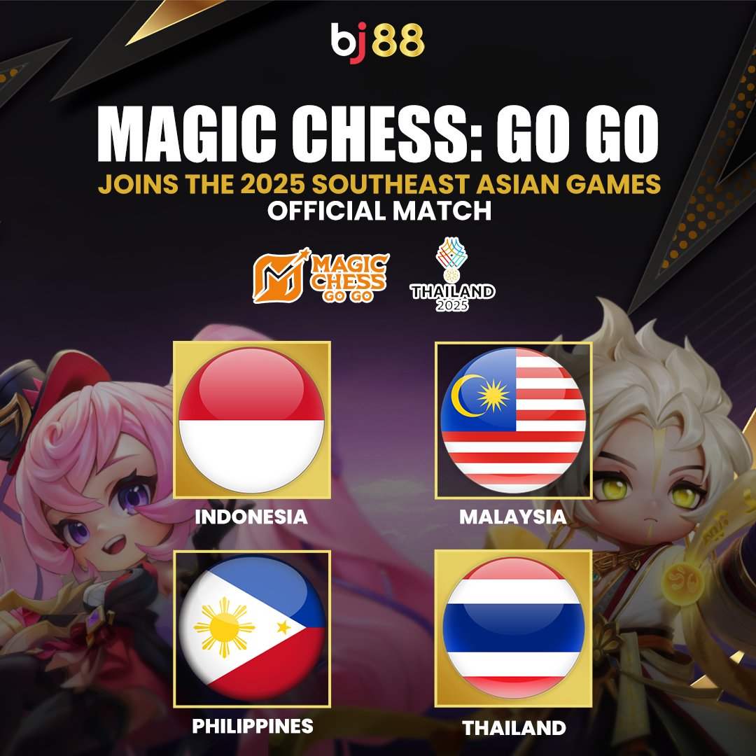 bj88_phl's tweet image. Magic Chess: Go Go Joins the 2025 Southeast Asian Games! 🎮🏆

Get ready for some epic matches!

🌟 Magic Chess: Go Go is officially part of the 2025 Southeast Asian Games

Featuring teams from  Indonesia,  Malaysia,  Philippines, and  Thailand!

#MagicChessGoGo #BJ88