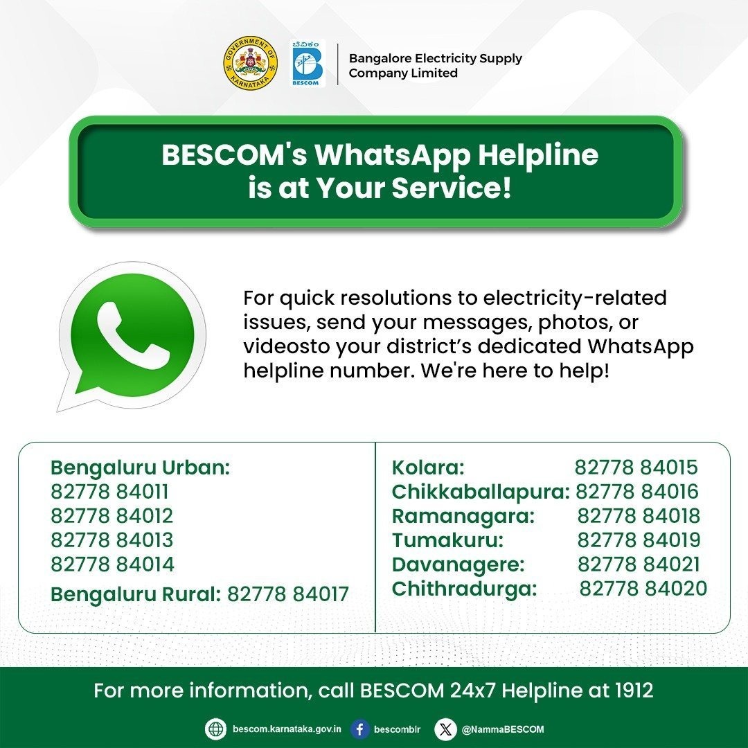KavyaM27638's tweet image. Bescom WhatsApp Helpline  
#Bescom #Helpline