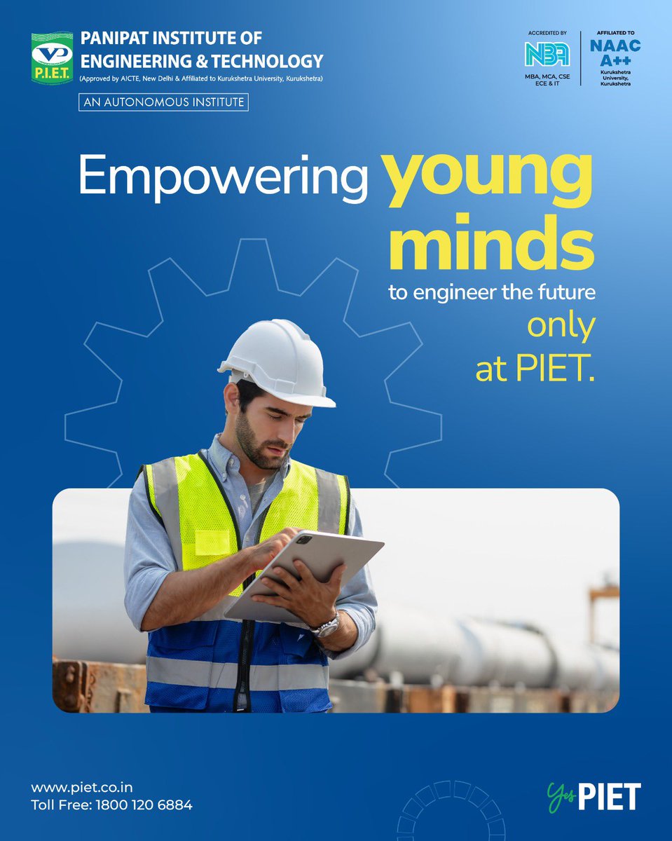 PIETPanipat's tweet image. Empowering young minds to design, innovate, and engineer a brighter future only at PIET.

#PIET #EngineeringExcellence #FutureEngineers #InnovationInEducation #SkillBasedLearning #EngineerYourFuture #CampusLife