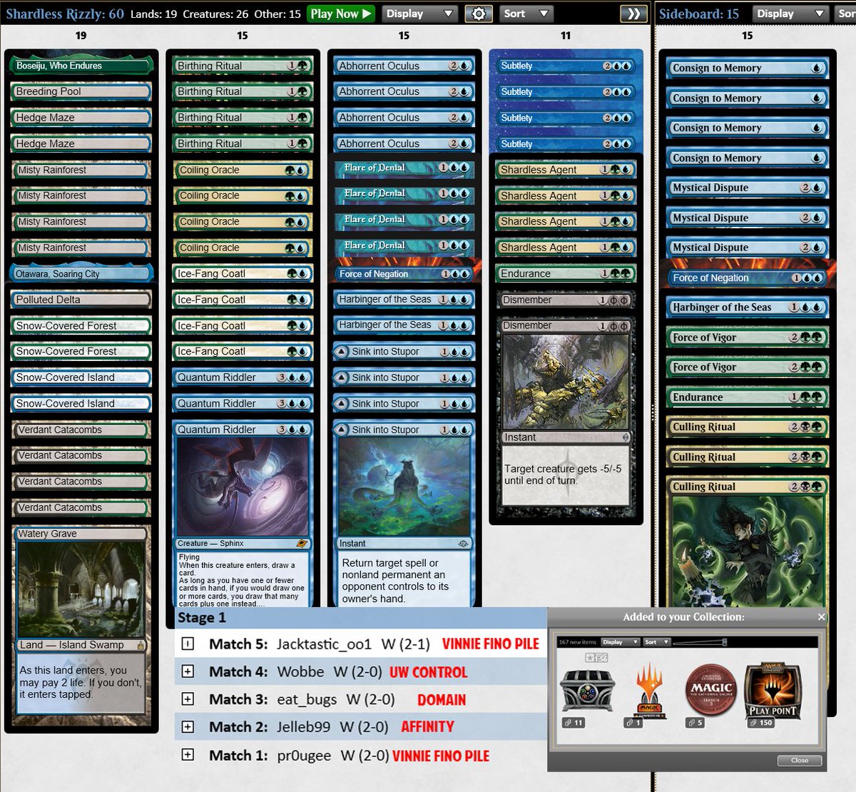 2nd 🏆 with UGx Ritual! 

Play 23 lands, I burned infinite play points playing 22 lands and mulling to 5 in tons of leagues.

Still figuring out if the black splash is worth it. IMO Shardless Agent NEEDS to be in this deck. Riddler NEEDS to be in this deck.

<a href="/fireshoes/">Robert Taylor🔥</a>
