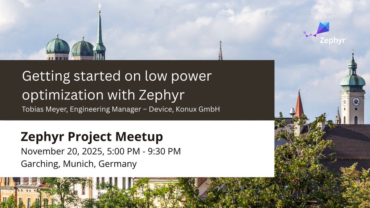 ZephyrIoT's tweet image. ✨ Speaker Highlight: Tobias Meyer, @weareKONUX. At the Zephyr Meetup on Nov 20 in Garching, Tobias will share how to get started with low-power optimization in Zephyr from measuring consumption to hitting the lowest achievable levels on your board. hubs.ly/Q03TwC5K0
